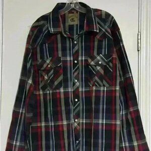 Coevals Club Men's Long Sleeve Red Blue Plaid Western Two Pockets Pearl Snap 3XL